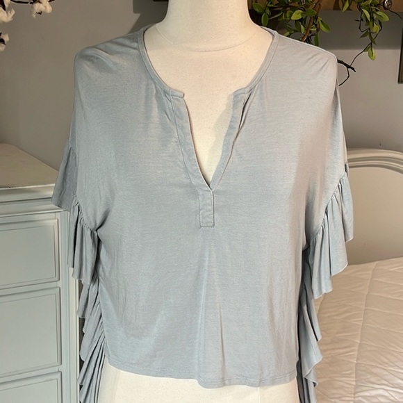 Gray Knit Flowy Western Top Drop Shoulder Waterfall Ruffle Womens XS - Picture 5 of 11